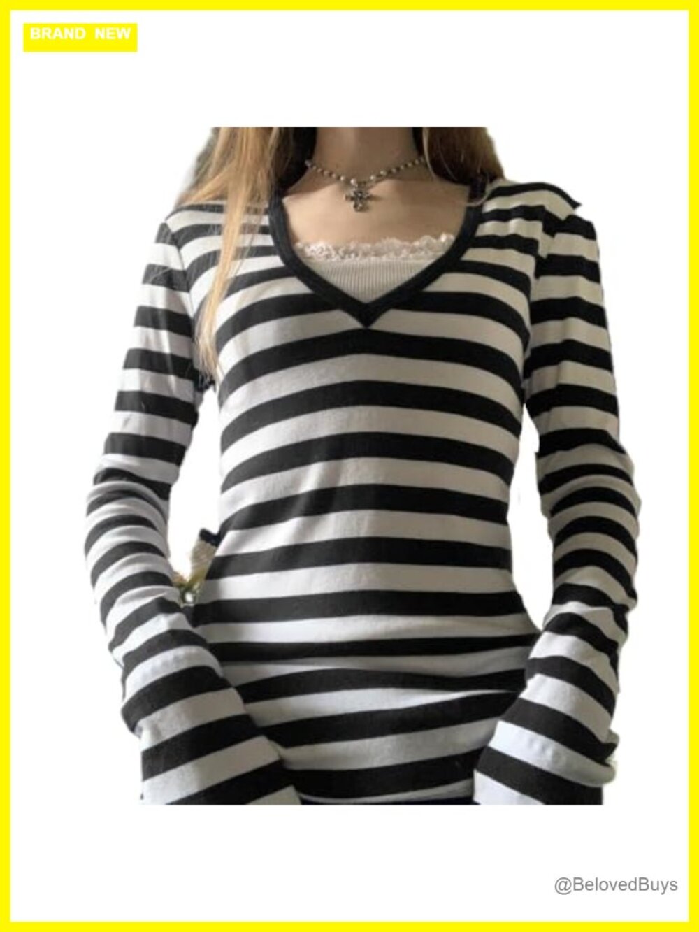 Women Y2K Lace Patchwork V Neck Long Sleeve Striped Tee Slim Fit Fairy Grunge